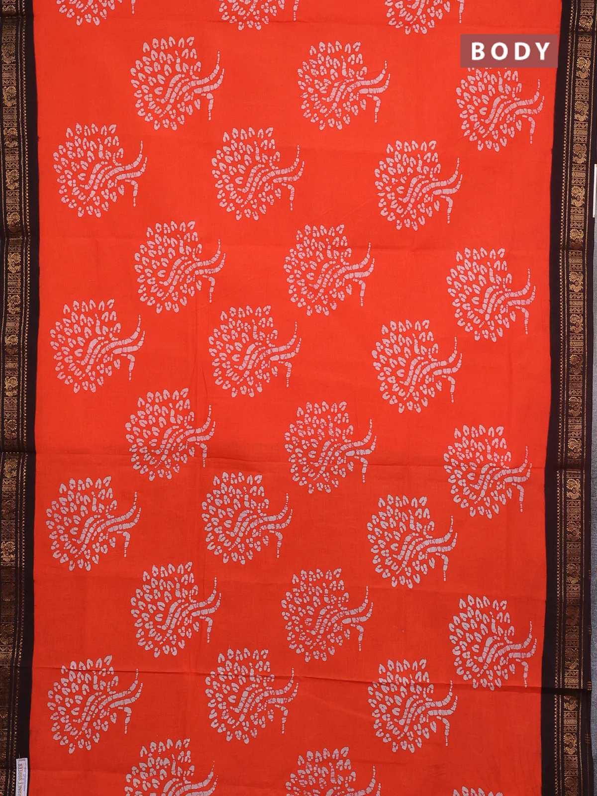 Sungudi Batik Printed Cotton Saree - Orange and Coffee Brown